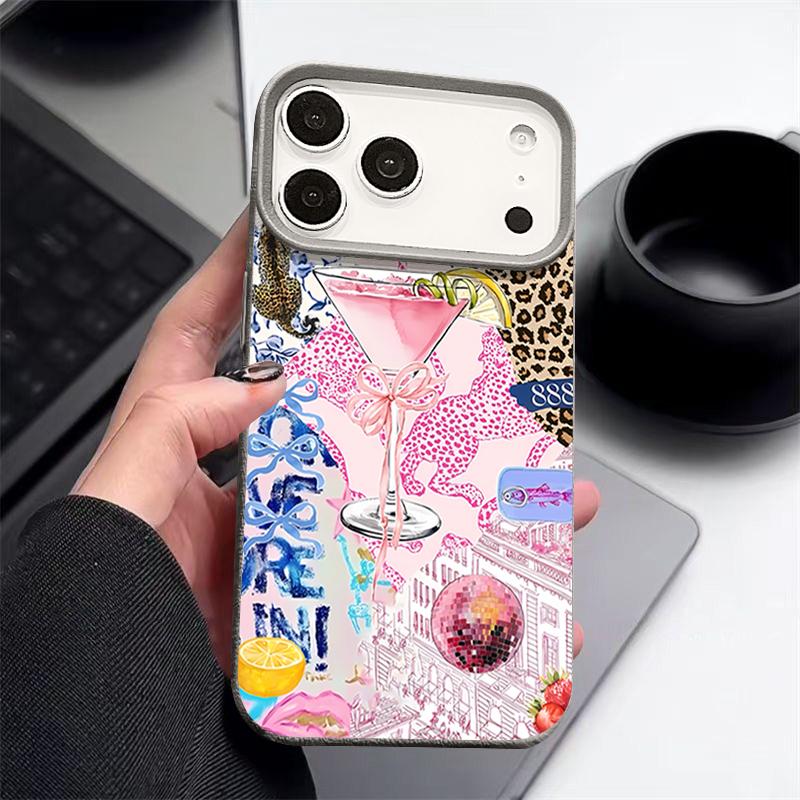 For iPhone 17 Pro Max Case Luxury Pink Goblet Bowknots Disco Ball Pattern Leather Texture Silicone Cover For iPhone 16 Pro Max 15 14 13 12 11 16E Air