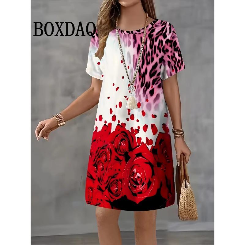 Summer Women's Striped 3D Print Short-sleeve Crew Neck Dress
