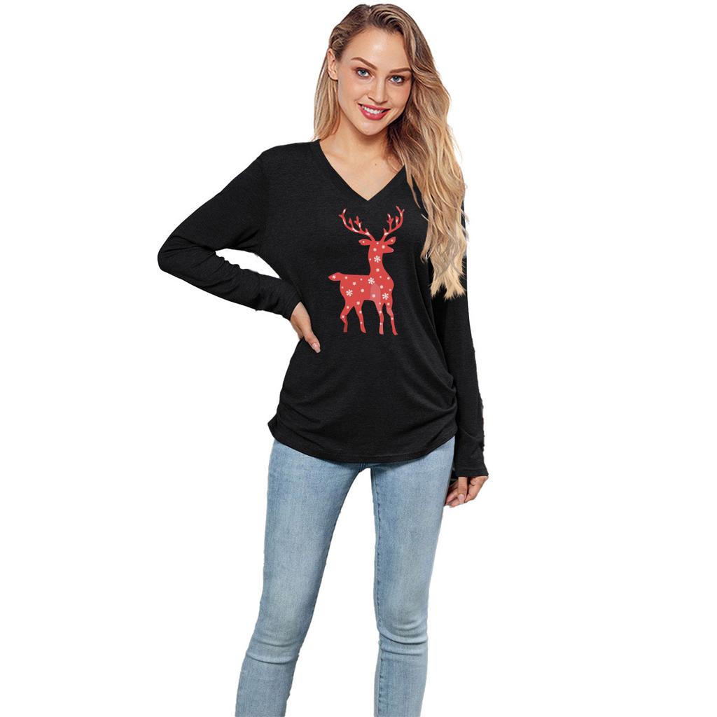 HNXC Solid-color Christmas Snowflake Spotted Deer Print Casual Long-sleeved T-shirt for Women
