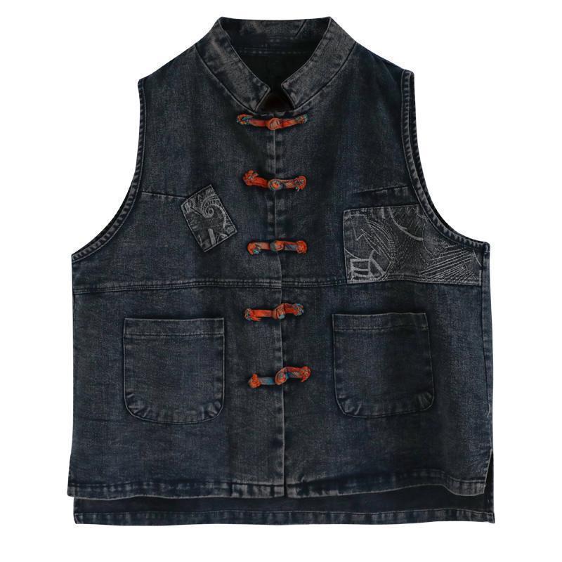 Gilet di Jeans Vintage da Donna Vestibilità Ampia Ricamo Abbottonatura Frontale Capispalla Casual