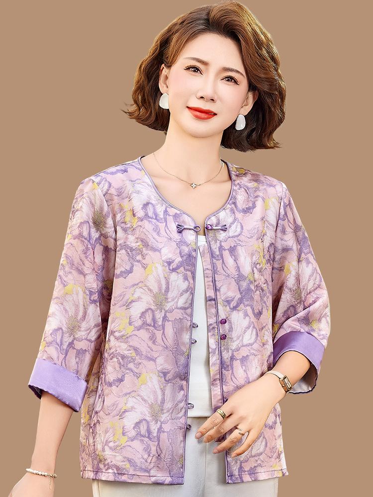 Mom's Spring Chinese-Style Mid-Sleeve Shirt for Middle-Aged Women