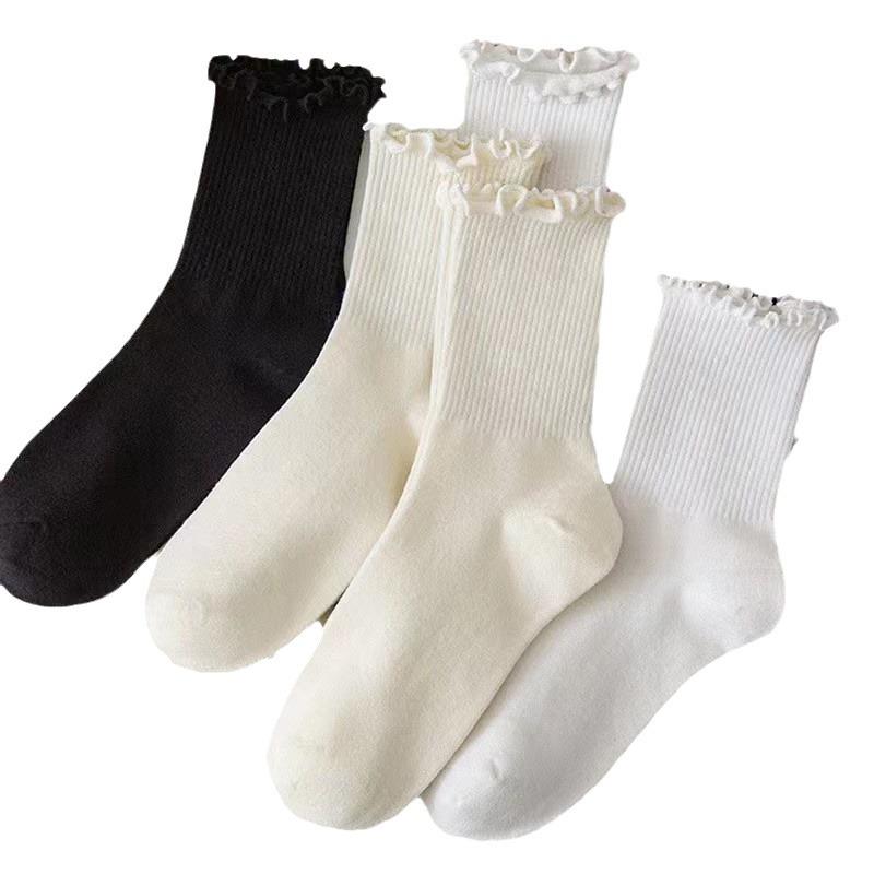 Lace-Edged Mid-Calf Socks: Four-Season Japanese-Style Solid Color Pile and Knee-High.