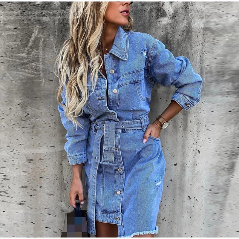 Slim Fit Denim Shirt Collar Long Sleeve Single Breasted Button Dress 2026 Spring Autumn Fashion Women's Dress Elegant Fashion Style