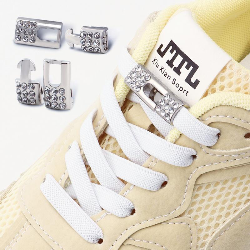 2Pair Elastic Laces Sneakers Diamond Locks Shoelaces Without ties Kids Adult unisex 8mm Flat No Tie Shoe laces shoe accessories