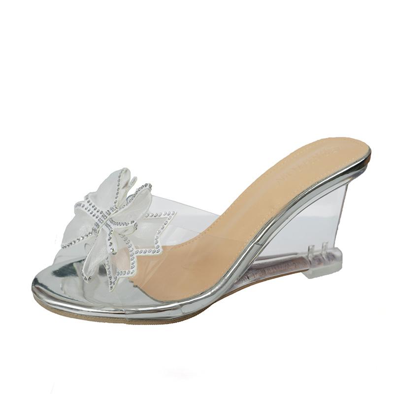 Fashion Plus Size High Heel Slippers Women's Wedge Round Toe Open Toe Crystal Bow One-Line Non-Slip Sheer Sandals Summer New