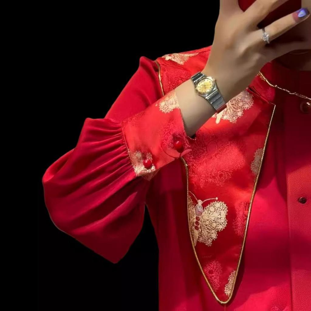Chinese New Year 2024 Red Silk Dragon Shirt with Trumpet Sleeves