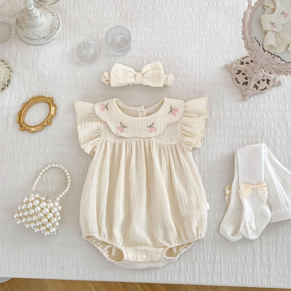 Baby Girl Summer Floral Embroidered Peter Pan Collar Short Sleeve Romper