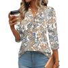 Women’s Fashion Loose Fit Three Quarter Sleeve Top with Print V Neck Button Comfortable Blouse for Daily Wear