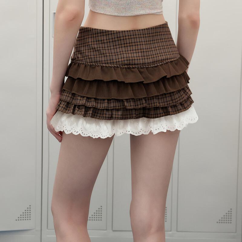 UNIFREE Retro Plaid Lace High-Waist Skort