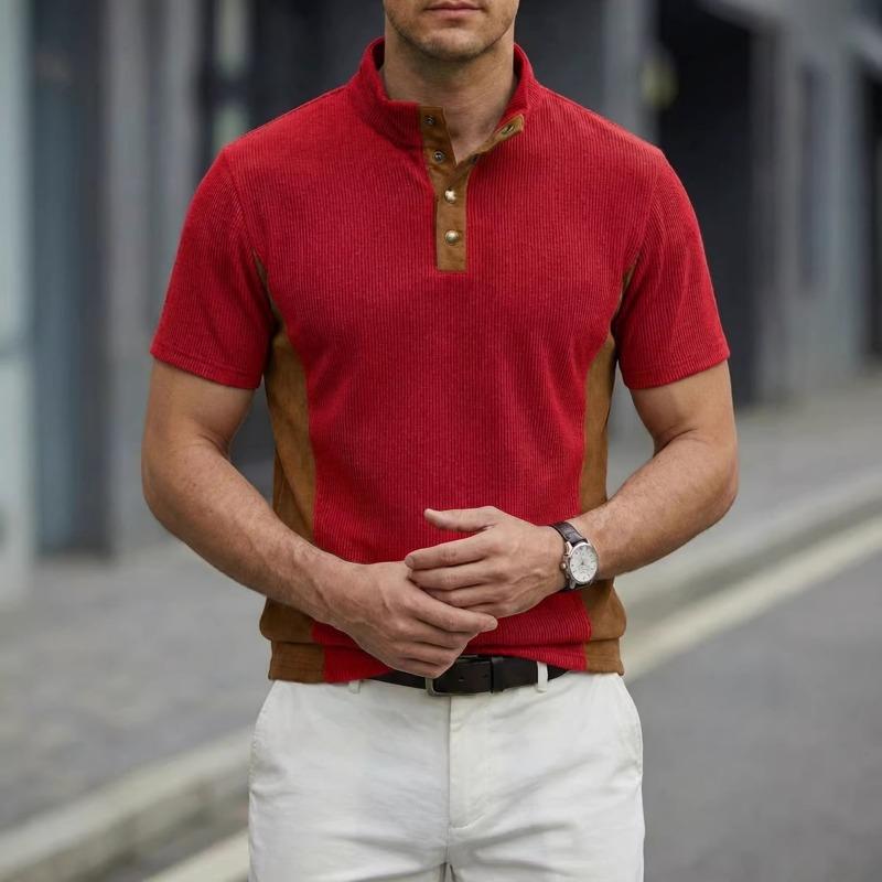 Mens Casual Color Block Ribbed Henley Collar Short Sleeve Polo Shirt