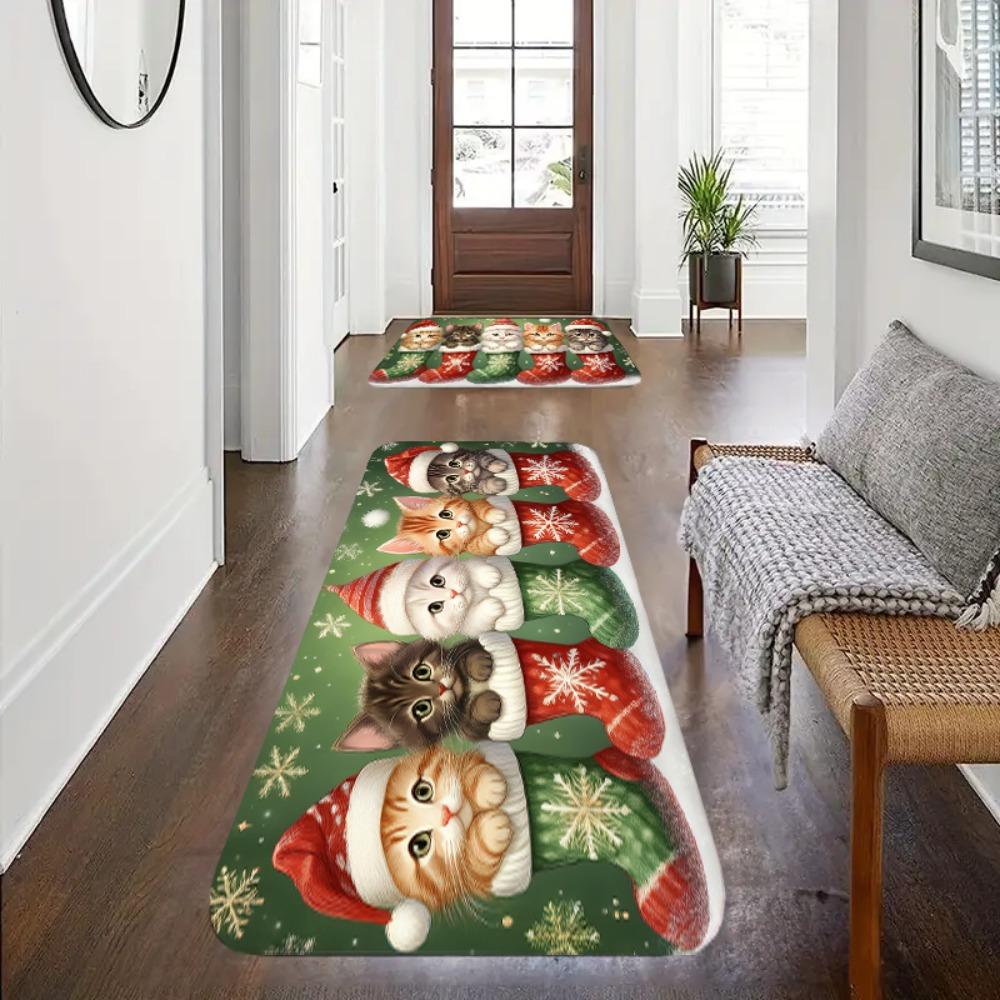 Merry Christmas Floor Mat Cute Cat Kitten Anti-slip Soft Carpet for Bedroom Living Room Hallway Doormat Area Rug Home Decoration