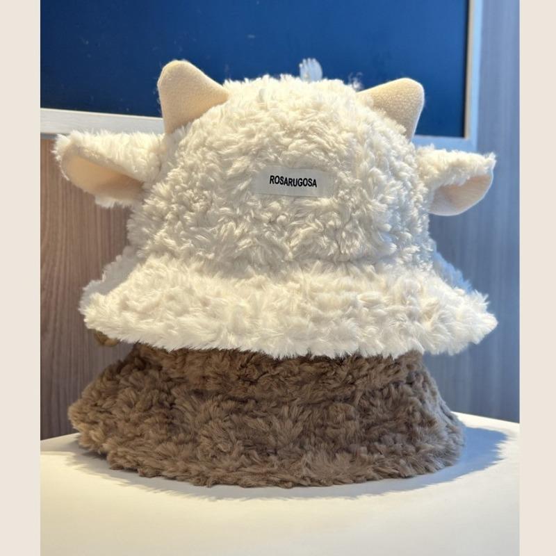 Cute plush lamb bucket hat women's autumn and winter warm versatile basin hat big head circumference show face small couple ear hat