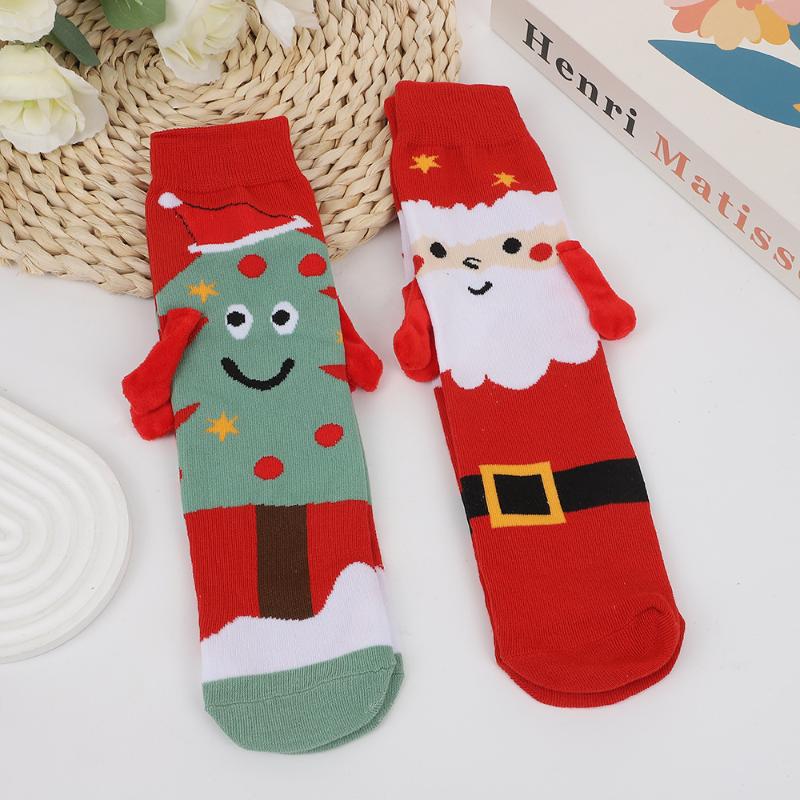 1 Pair Santa Claus Christmas Tree Cotton Stockings Christmas Magnetic Suction Hand In Hand Socks Unisex Holding Hands Long Socks