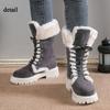 Damen Warme Faux Fur Fleece Gefütterte Faux Wildleder Klobiger Absatz Plateau Schlupfstiefel Schnürung Runde Zehenpartie Mid-Calf Winter Schneestiefel