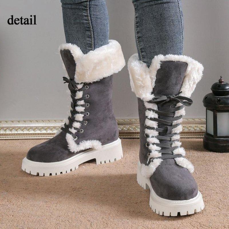 Damen Warme Faux Fur Fleece Gefütterte Faux Wildleder Klobiger Absatz Plateau Schlupfstiefel Schnürung Runde Zehenpartie Mid-Calf Winter Schneestiefel