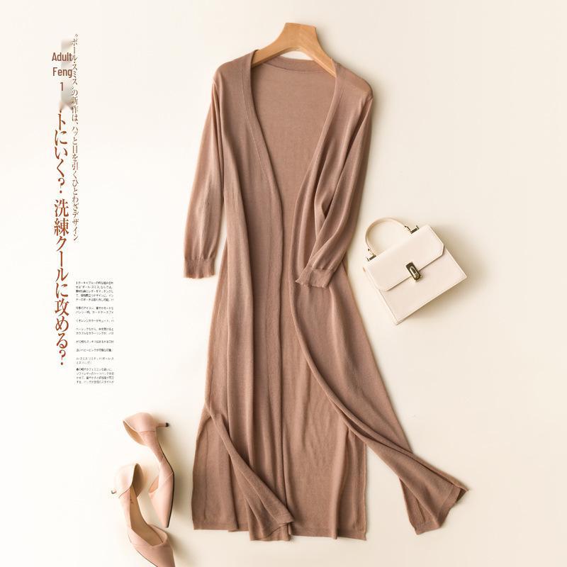 Women's Long Sleeve Summer Linen Knit Cardigan Dress – Thin Ice Silk Sun Protection with Hollow Out Design