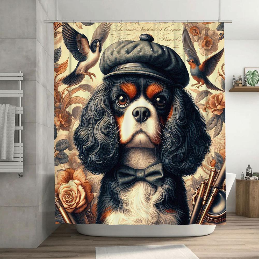 Animal Print Shower Curtain Vintage Style Dog Decor for Bathroom Floral Design Waterproof Fabric Perfect Gift Idea