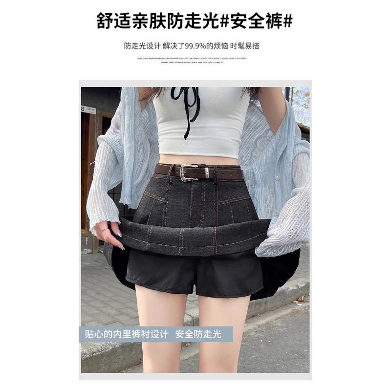 Retro Washed Denim for Small Women High Waist Slimming Anti-exposure A-line Pleated Skirt