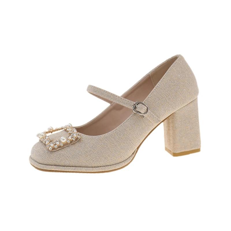 

Женские туфли Мэри Джейн Квадратный каблук Стразы Жемчуг Высокий каблук Женские Платье Вечеринка Квадратный носок Сказочный стиль Zapatillas De Mujer 40 абрикосовый