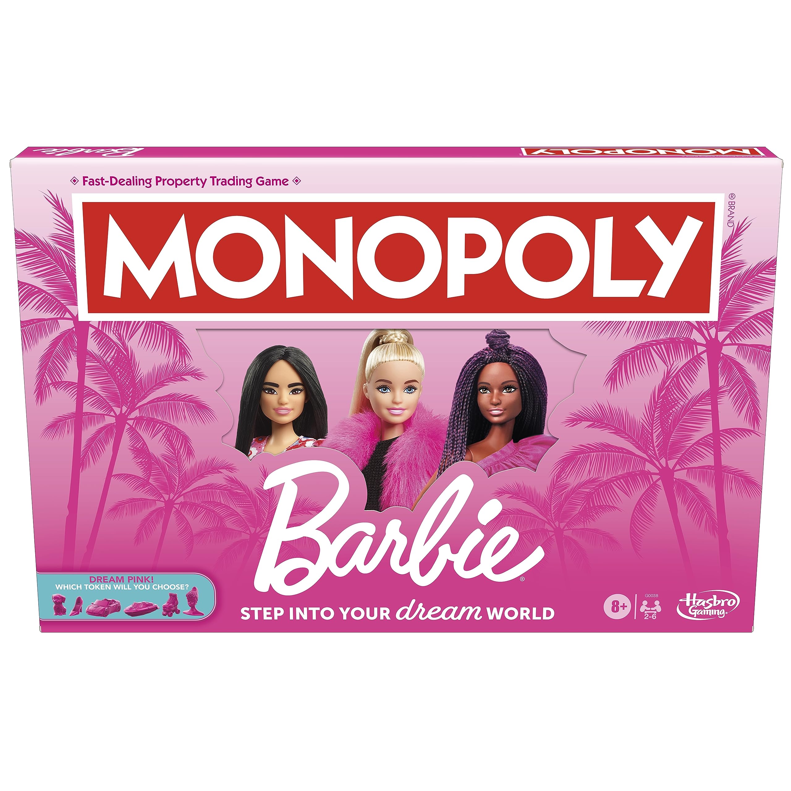 

Монополия: Настольная игра Barbie Edition, Возраст 8+, 2-6 игроков, Веселая семейная игра для детей и взрослых, Включает 6 розовых цинковых жетонов на тему Барби, Детский подарок
