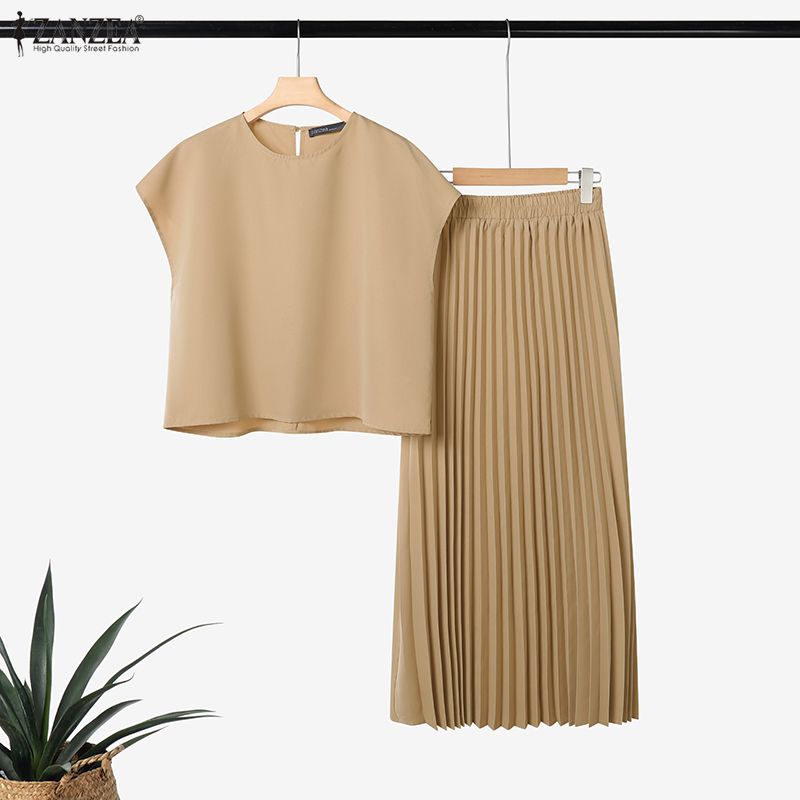 ZANZEA Women Short Sleeve Blouse and Long Skirts Summer Two Piece Suit Sets