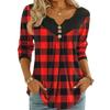 Women's Long-sleeved Button V-neck Plaid Printed T-shirt