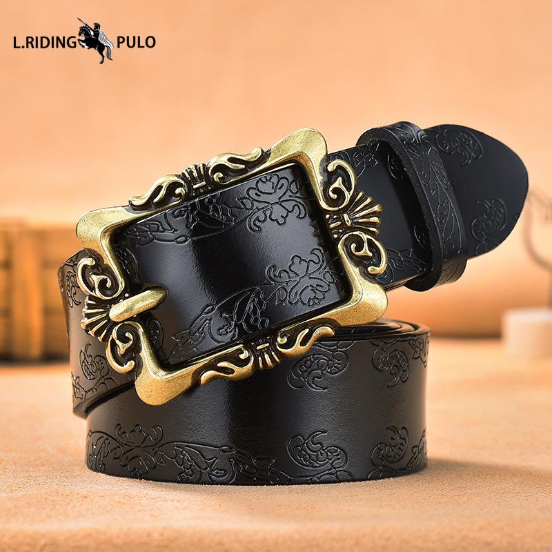 Vintage Genuine Leather Belt Ladies Pin Buckle Embossed Belt Cowhide Korean Style All-match Pants Belt