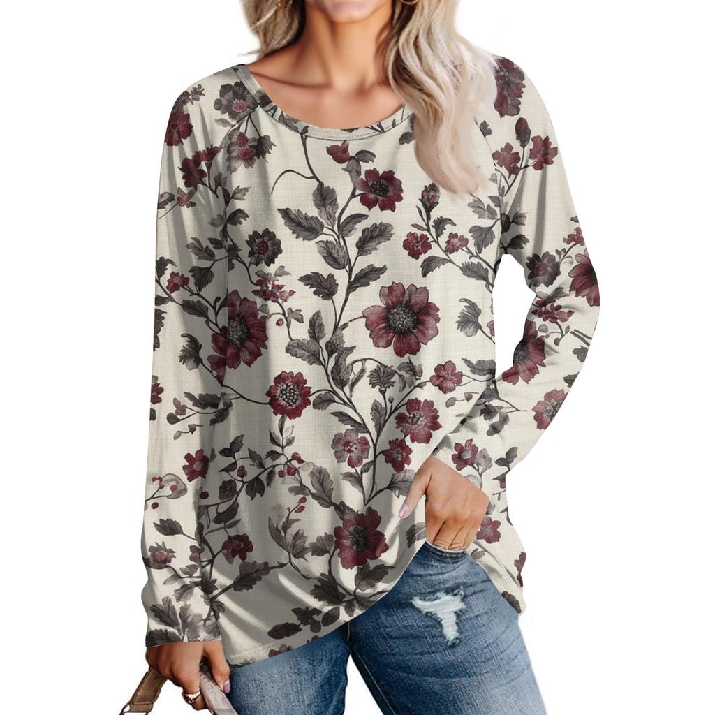 Women's Fashion Casual Long Sleeve  Print Round Neck Pullover Top Blouse