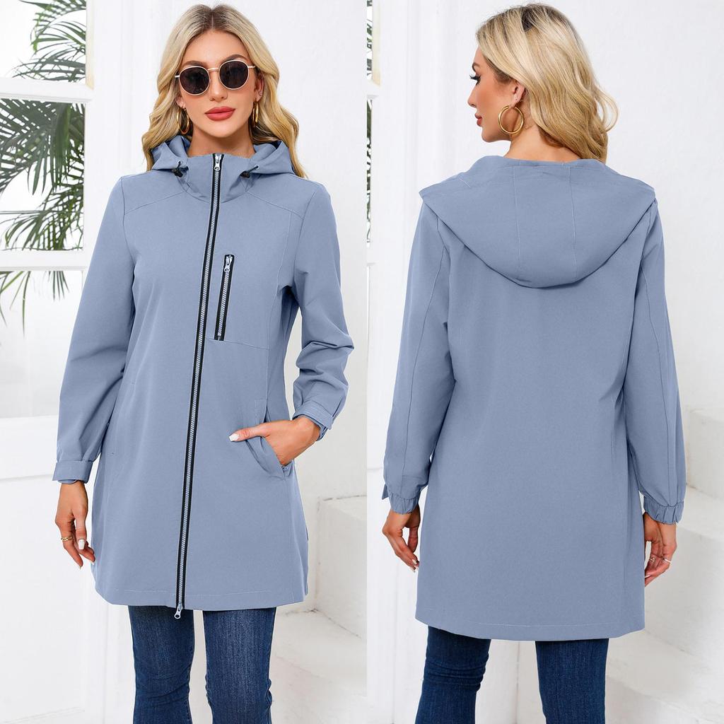 BRIGHT DEER Women’s Waterproof Trench Coat Hooded Windcheater Long Sleeves Zip Up Casual Wear for Autumn Winter Outdoor Sports