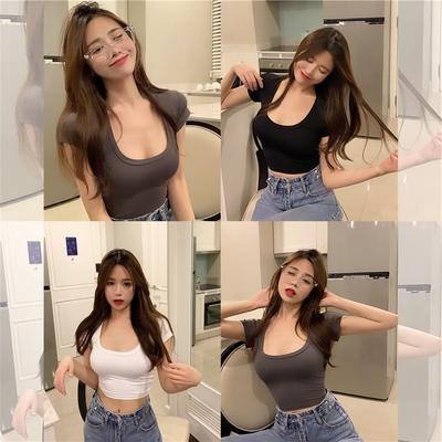 Maglietta Basic da Donna Estiva Nuova T-shirt a Maniche Corte con Scollo a U da Donna Stile Coreano Slim Top Ombelico da Donna