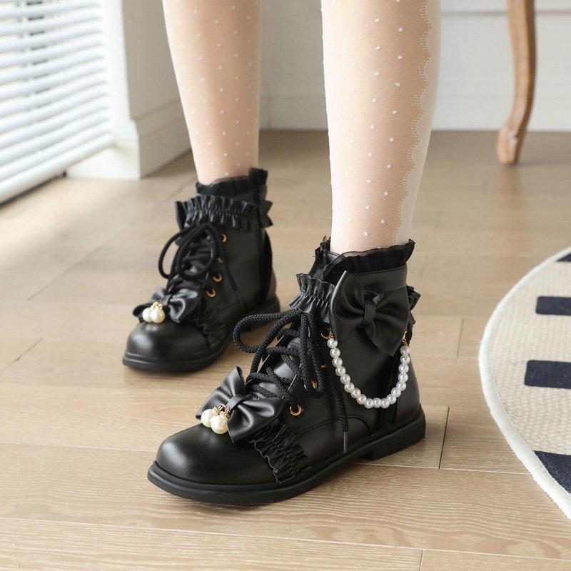 Size28-43 Bow Lolita Girls Short Boots Women Ankle Boots Lace-Up Zipper School Cosplay Princess Lolita Flat Shoes Girls Booties