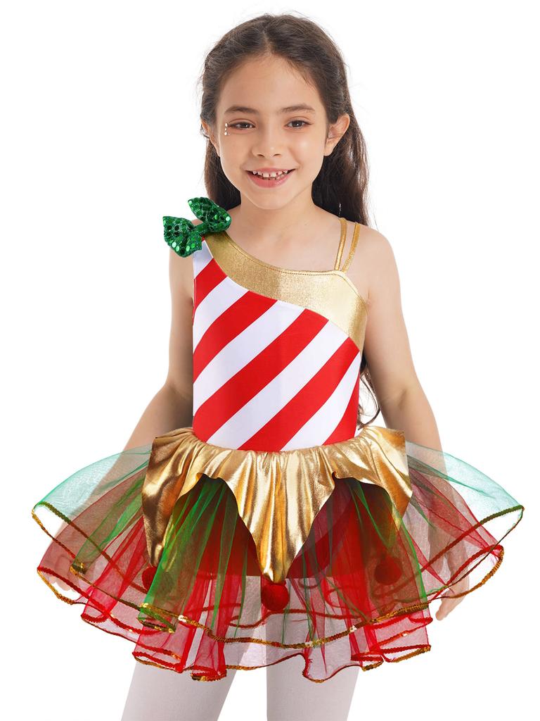 Kids Girls Stylish Dance Clothing Stage Performance Mesh Tutu Dress Christmas Carnival Cosplay