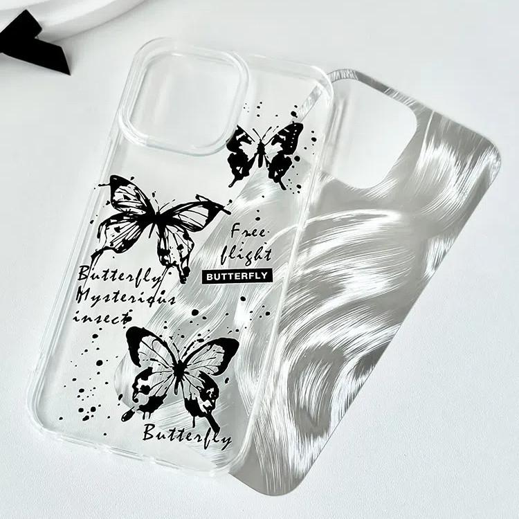 Large Hole Transparent Phone Case Compatible and Suitable for iPhone15 14 13 12 11promax xsmax xr 7 8plusSE Elegant Black Butterfly