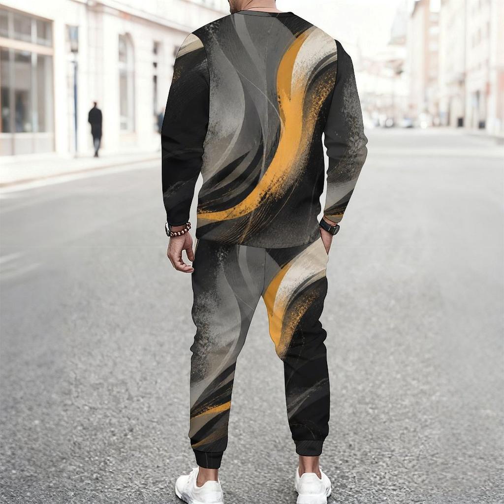Men Plus Size Printed Round Neck Long Sleeve Top Cuffed Pants Two Piece Set