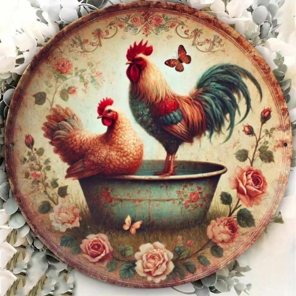 Rooster Iron Wall Art Rustic Farmhouse Decor Kitchen Bathroom Country Round Metal Sign