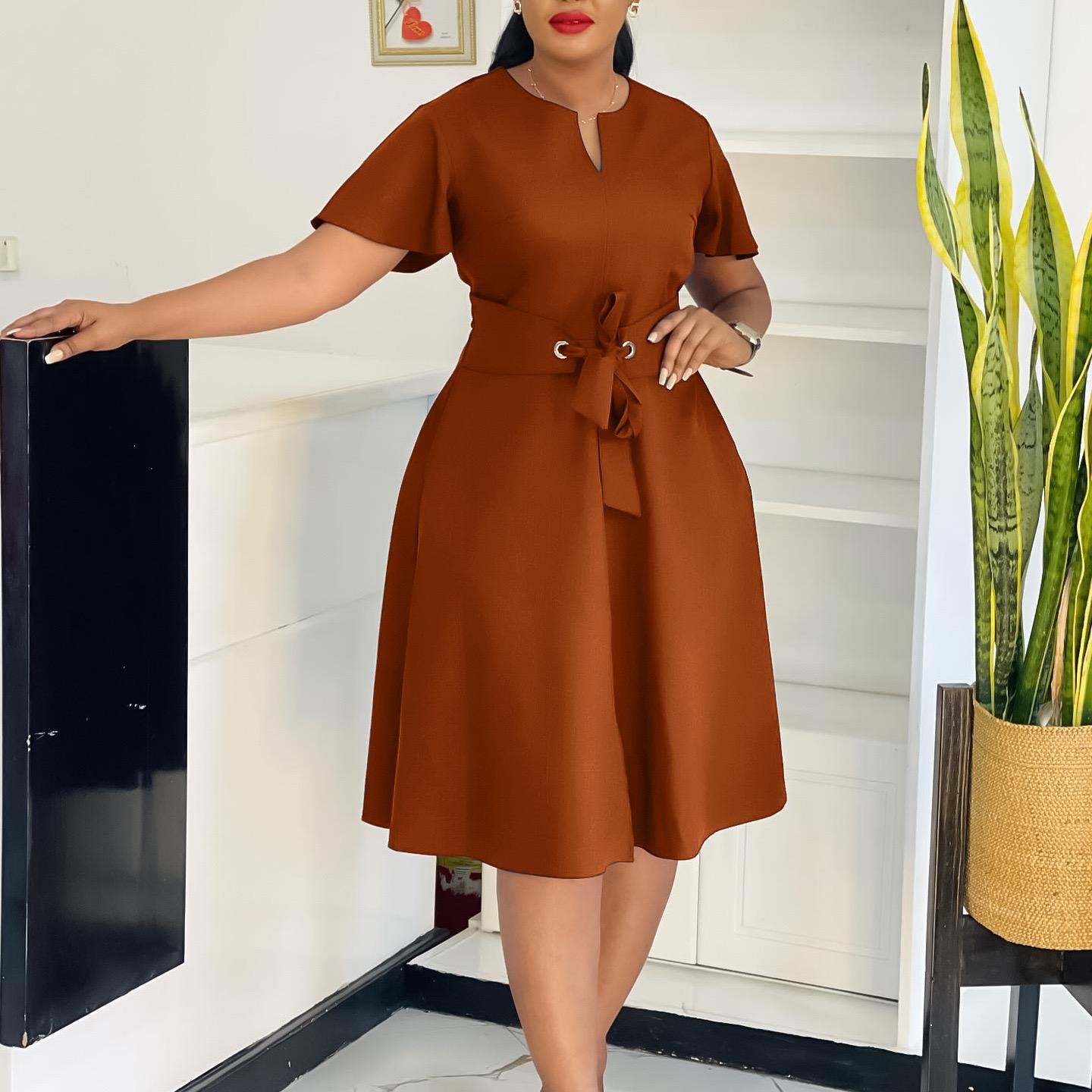 

Office Ladies Dresses Short Sleeve Plus Size Xxxl Pleated Mid Calf Fashion Professional Female Dress S коричневый