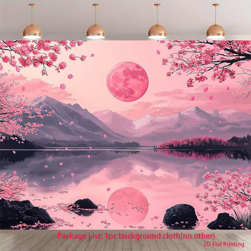 2D Japanese Sakura Mountain Reflection Photography Background
