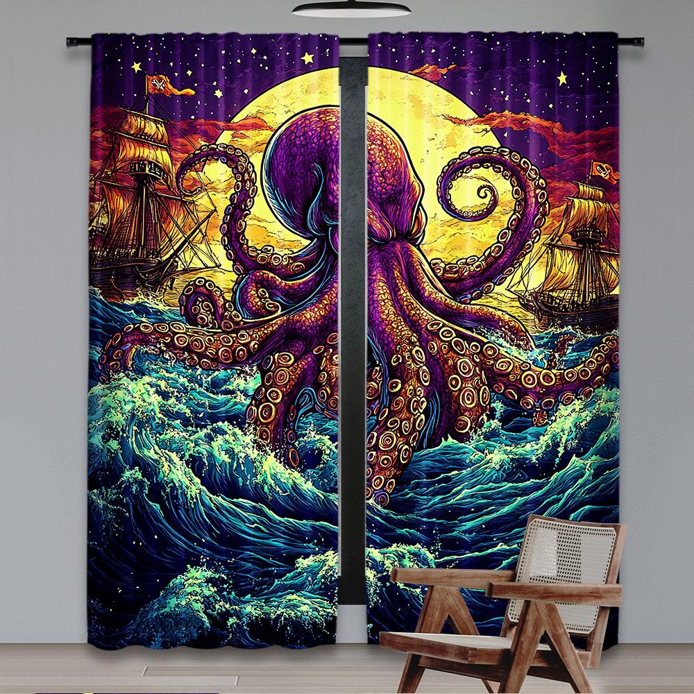 2Pcs Cartoon Octopus Curtain Japanese Style Curtain Suitable For Living Room Bedroom Kitchen And Bathroom