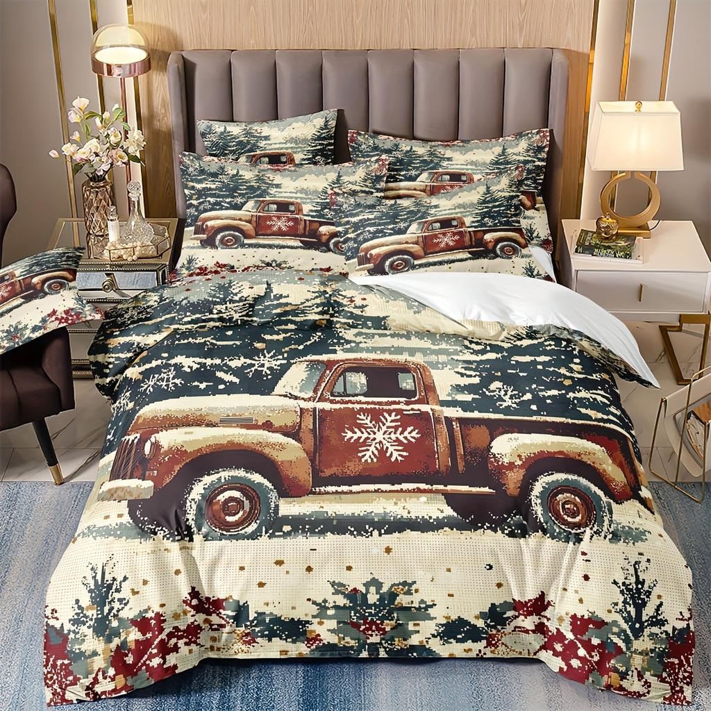 3dílná vintage vánoční ložní souprava s potiskem pickupu, povlečení s vánočním potiskem auta (1*Povlak na přikrývku + 2*Povlečení na polštář