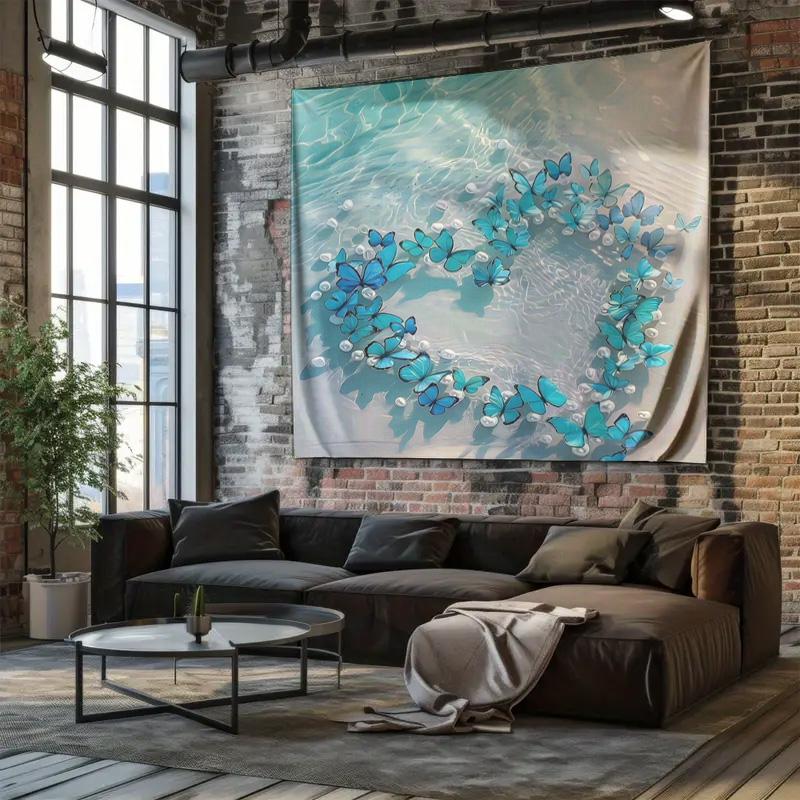 Blue Butterfly Dance HeartShaped Tapestry  Romantic and Cozy Bedroom Decor Wall Hanging Cloth
