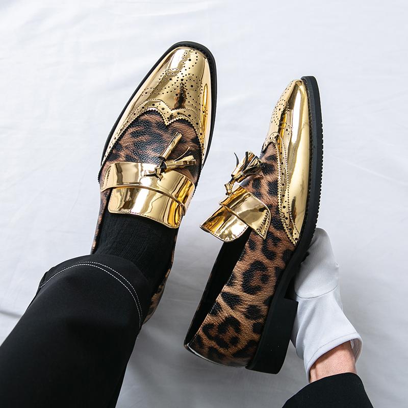 Fashion Metallic Leopard Print Color Glossy Finish Leather Casual Slip on Non-slip Men Fashionable Men's Party Dance Stage Loafer Shoes