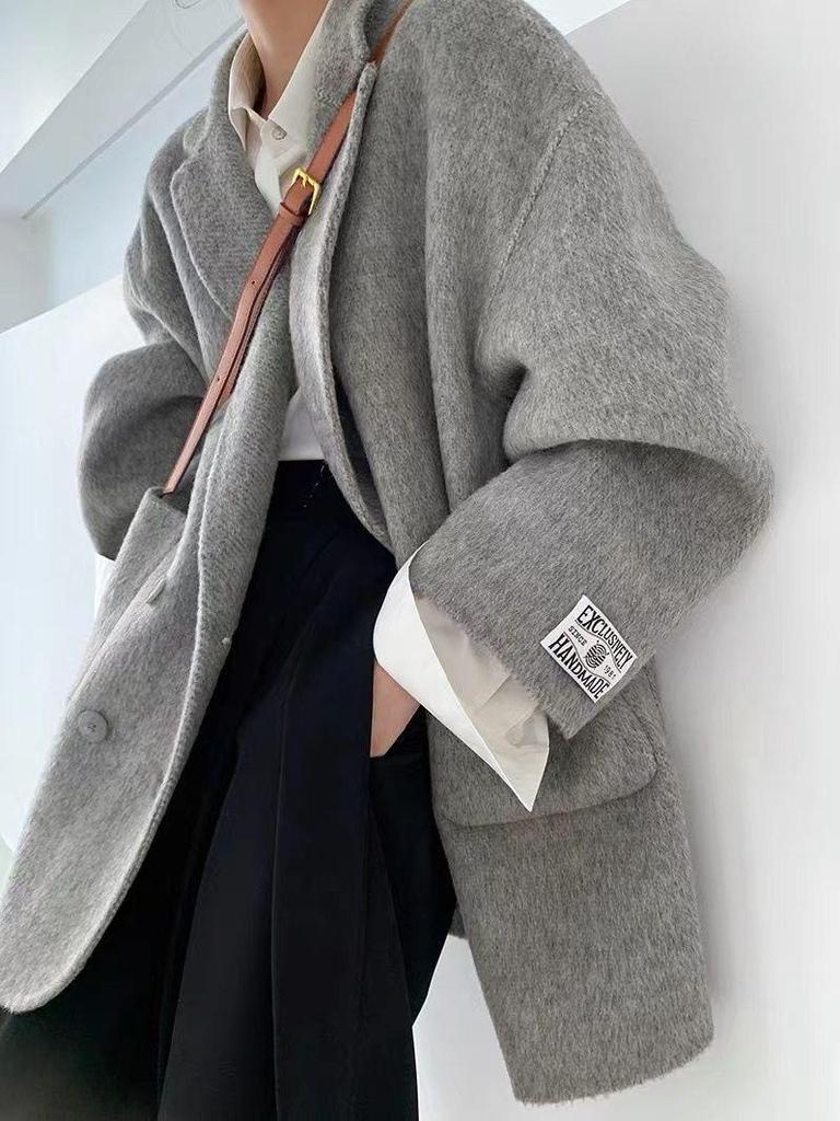 2025 Women's Grey Double-Faced Cashmere Blazer Coat - Trendy Loose Fit for Autumn and Winter