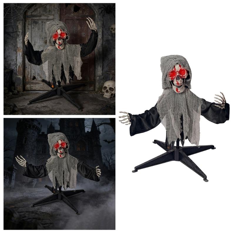 Animierter sprechender leuchtender Totenkopf Gartenspieß Automatisches Schwingen Halloween-Skelette Requisiten für Halloween-Dekorationen Mit realistischen Schwingbewegungen
