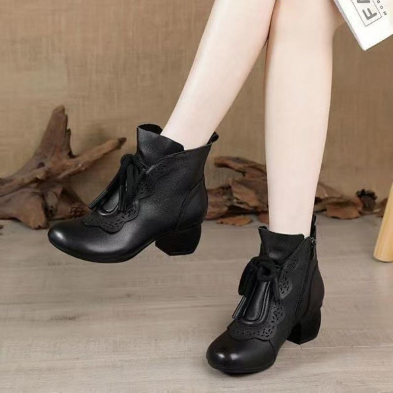 Retro Short Boots Women's Autumn Round Head Medium Heel Soft Sole Medium and Old 2 Women's Fashion Boots