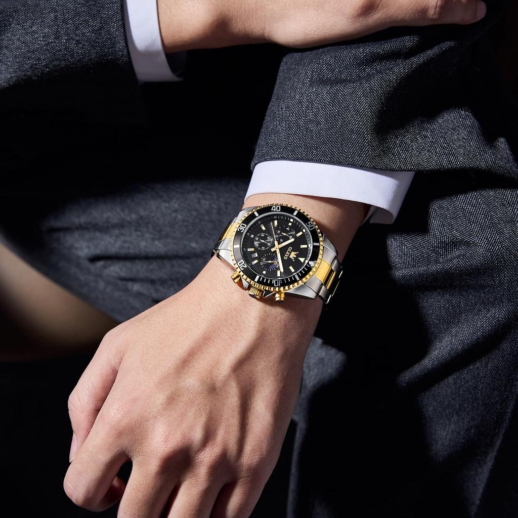 OLEVS Stylish Popular Business Quartz Luxury Wristwatch Men's Watch, Chronograph, Watch, Waterproof, Movement, (Gold Black)