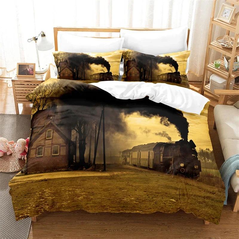 Comforter Steam Engine King Queen Microfiber Vintage Locomotive In Countryside Scenery Green Grass Train Pattern Bedding Set