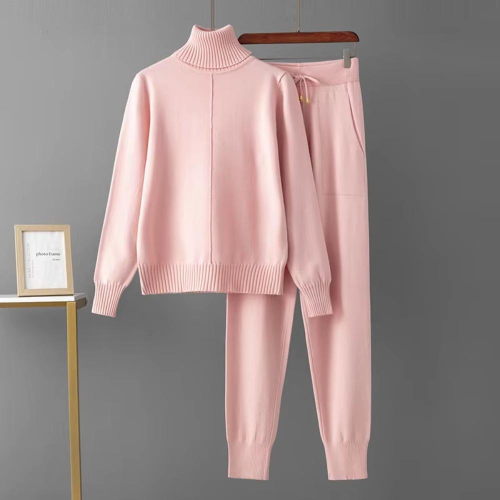 Women 2 Piece Sets Candy Color Knitted Turtleneck Knitwears Sweater Pullover Tops High Waist Casual Harem Pants Outfit