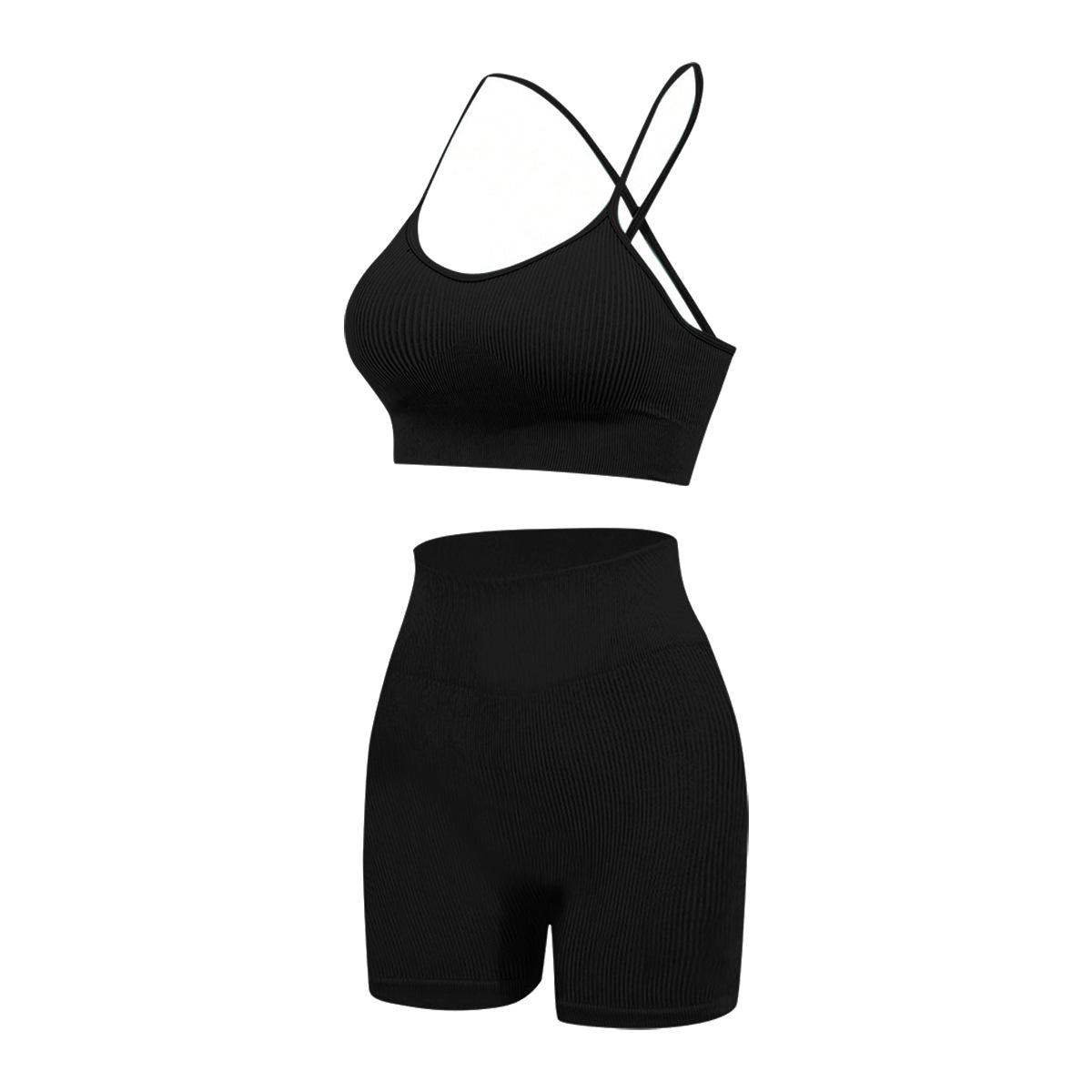

Женский комплект бесшовных рубчатых шорт для йоги с высокой посадкой и топа на бретелях для фитнеса и бега Medium чёрный