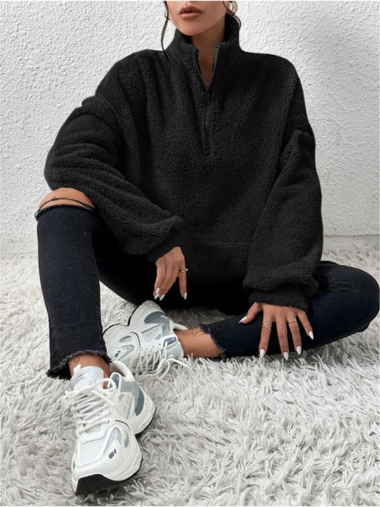 Damen Herbst Casual Plüsch Stil Einfarbig Stehkragen Reißverschluss Sweatshirt