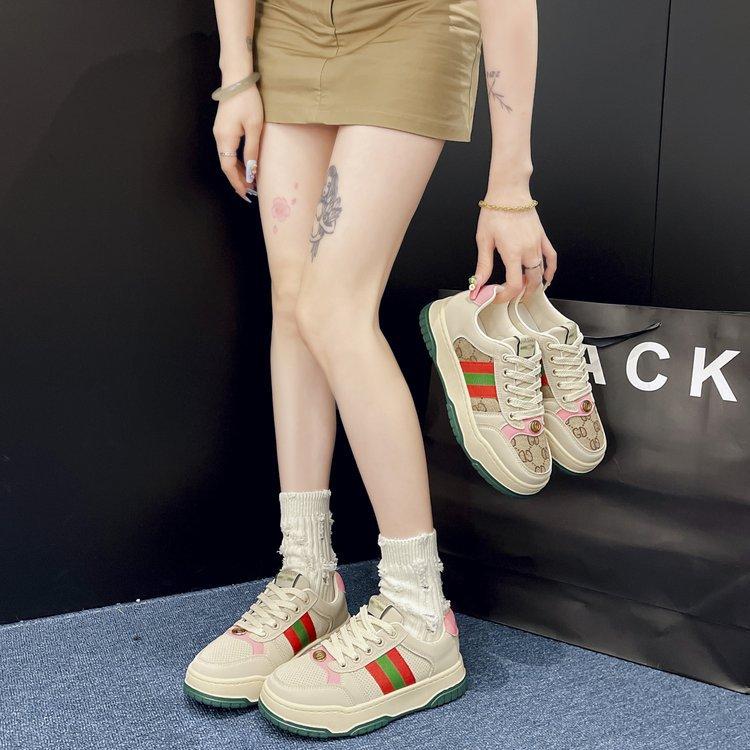 Retro Color Matching Thick Baseplate Shoes Women's Autumn 2025 New Breathable Round Head Lace-up Versatile Casual Sports Shoes